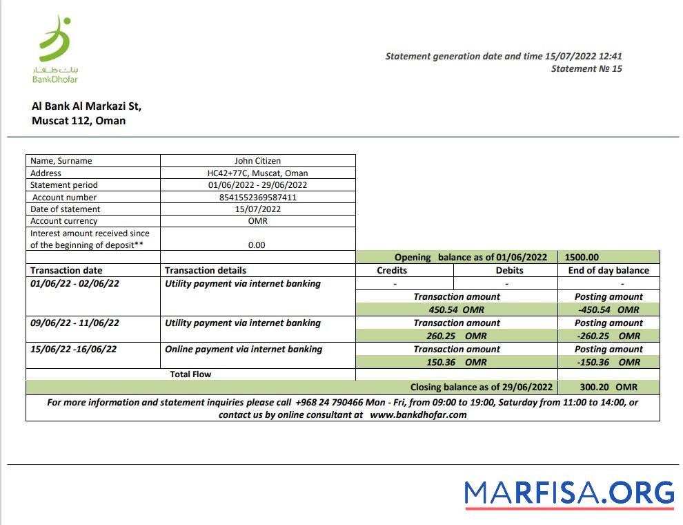 Printable Oman Bank Dhofar bank statement word sample